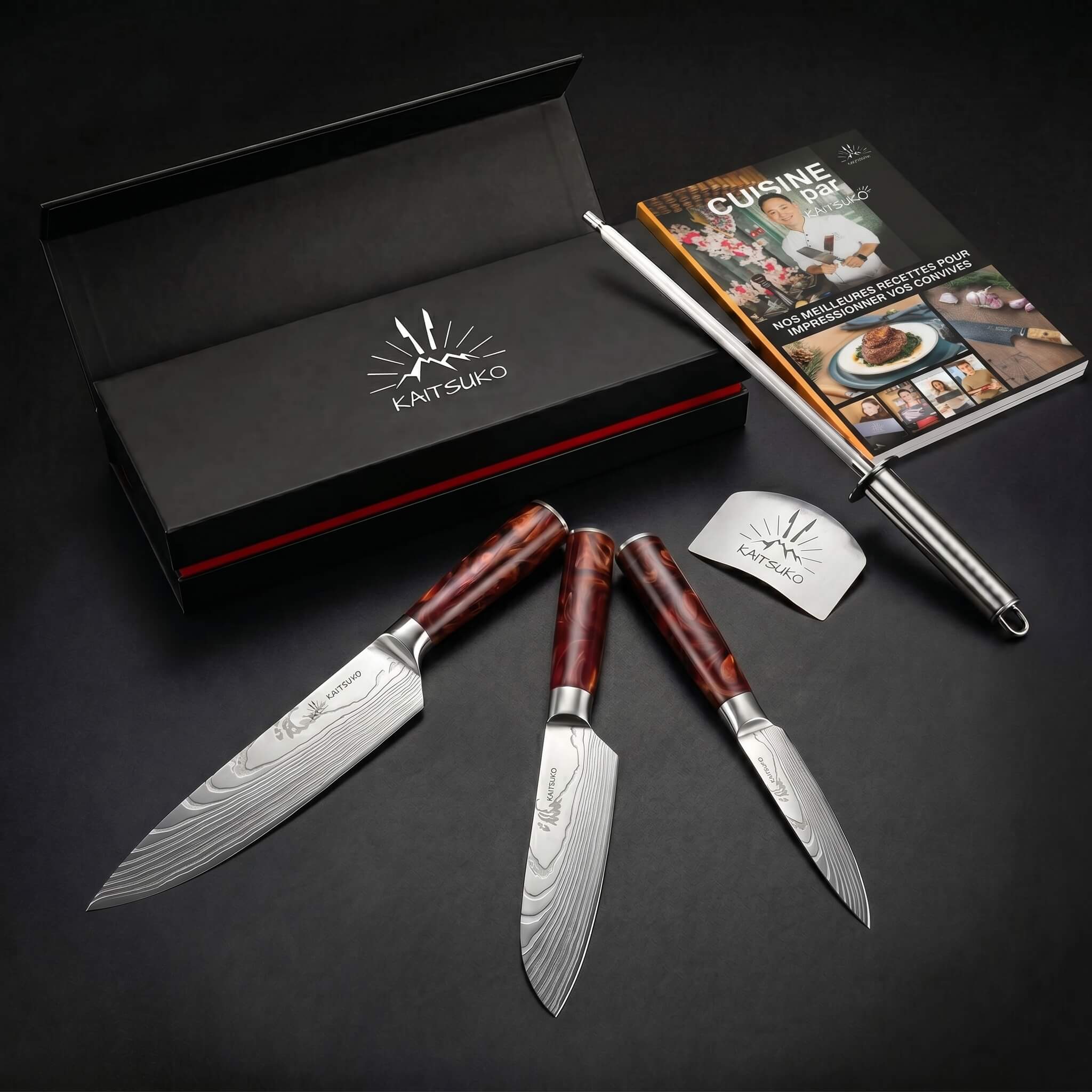 Muttertagsset (3 japanische Messer + 1 professioneller Messerschärfer + 1 E-Book gratis + 1 Fingerschutz)