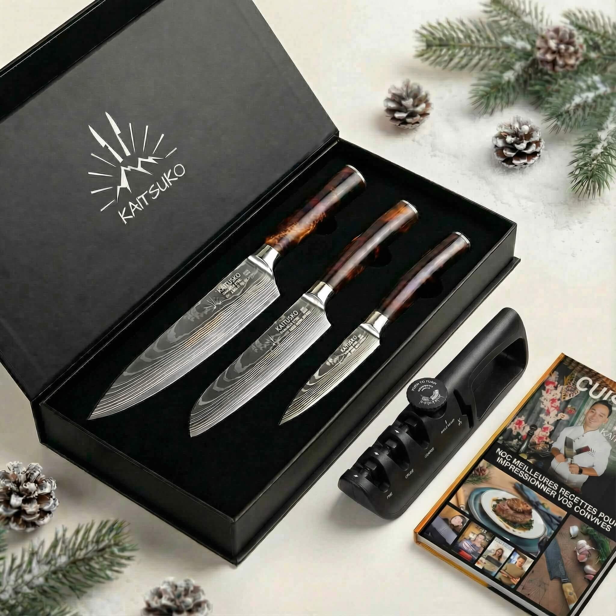 Weihnachtspaket für Hobbyköche - Tanaka Feurland (3 japanische Messer + 1 Profi-Schleifer + 1 Buch gratis)