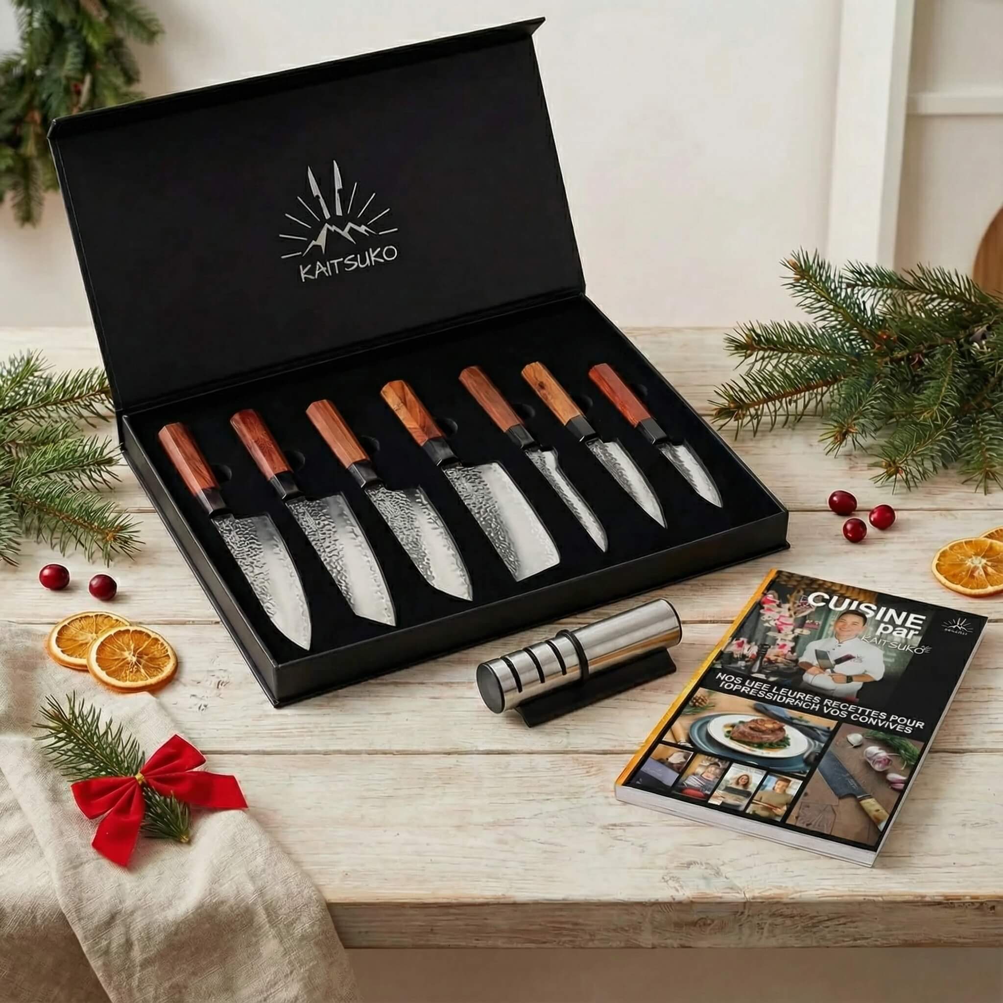 Expert Samurai Geschenkset - (1 komplettes Set mit 7 Komodo Messern + 1 Profi-Schleifer + Kaitsuko Rezeptbuch gratis)