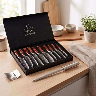 coffret 10 couteaux japonais manches marrons avec accessoires de cuisine