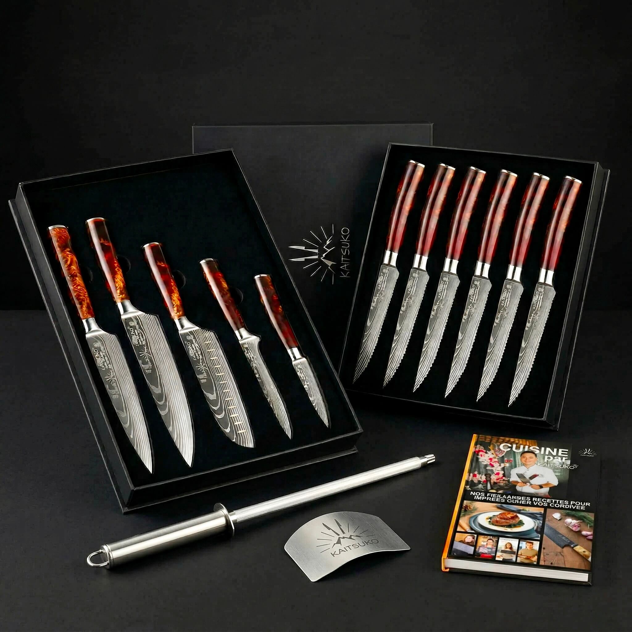 Weihnachtspaket Passion Tanaka Feurland (6 Steakmesser + 5 japanische Messer + 1 Profi-Schleifer + 1 Fingerschutz + 1 Kaitsuko Buch)