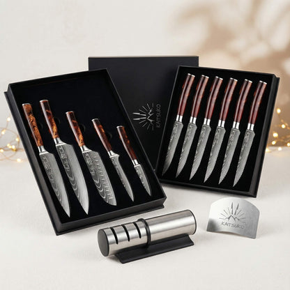 Pack Noël Passion Tanaka Terre de Feu (6 couteaux à Steak + 5 couteaux japonais + 1 aiguiseur pro + 1 protège doigt + 1 livre Kaitsuko offert)
