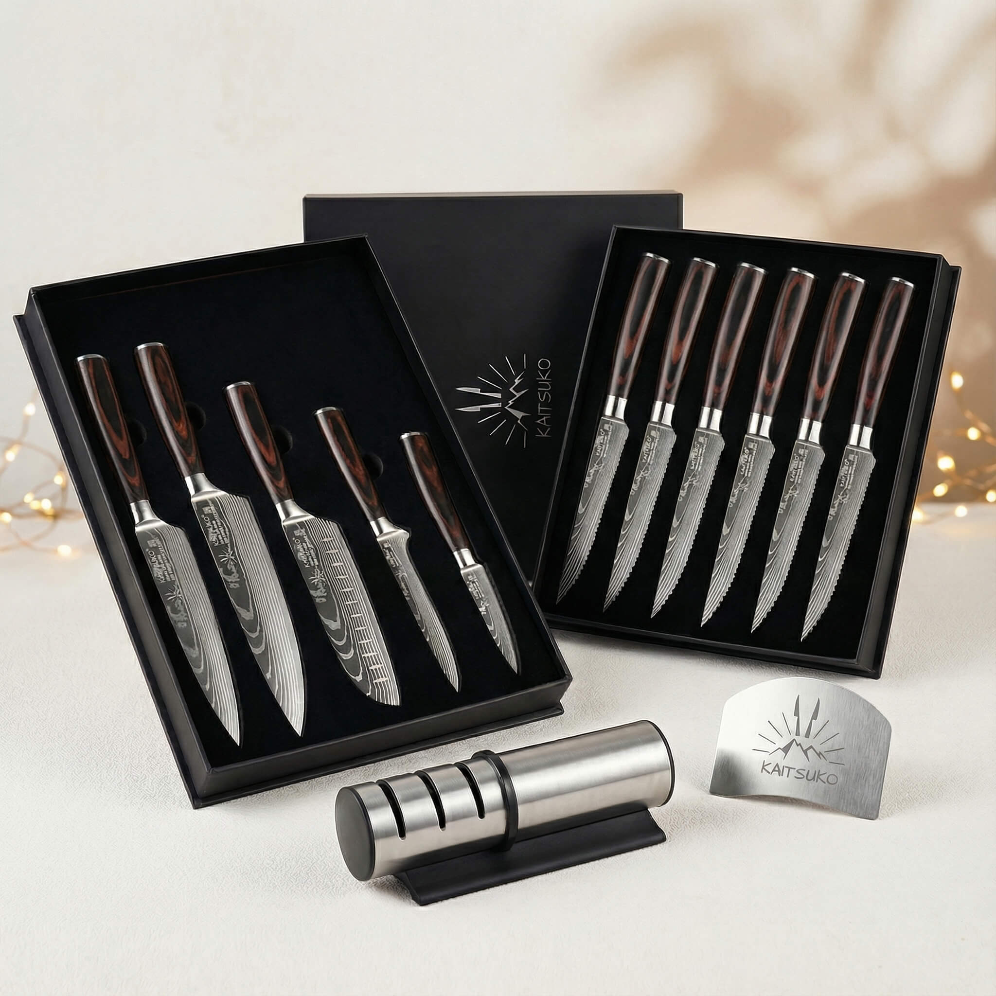 Pack Noël Passion Tanaka Wood (6 couteaux à Steak + 5 couteaux japonais + 1 aiguiseur pro + 1 protège doigt + 1 livre Kaitsuko offert)