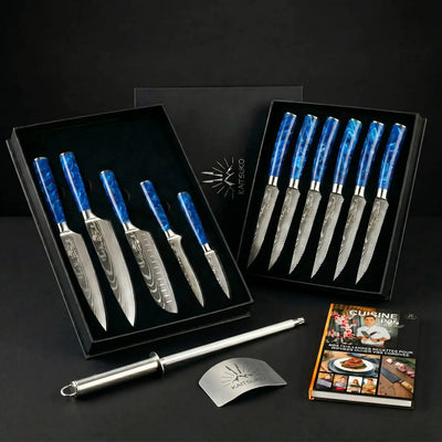Weihnachtspaket Passion Tanaka Ozeanblau (6 Steakmesser + 5 japanische Messer + 1 Profi-Schleifer + 1 Fingerschutz + 1 Kaitsuko Buch)