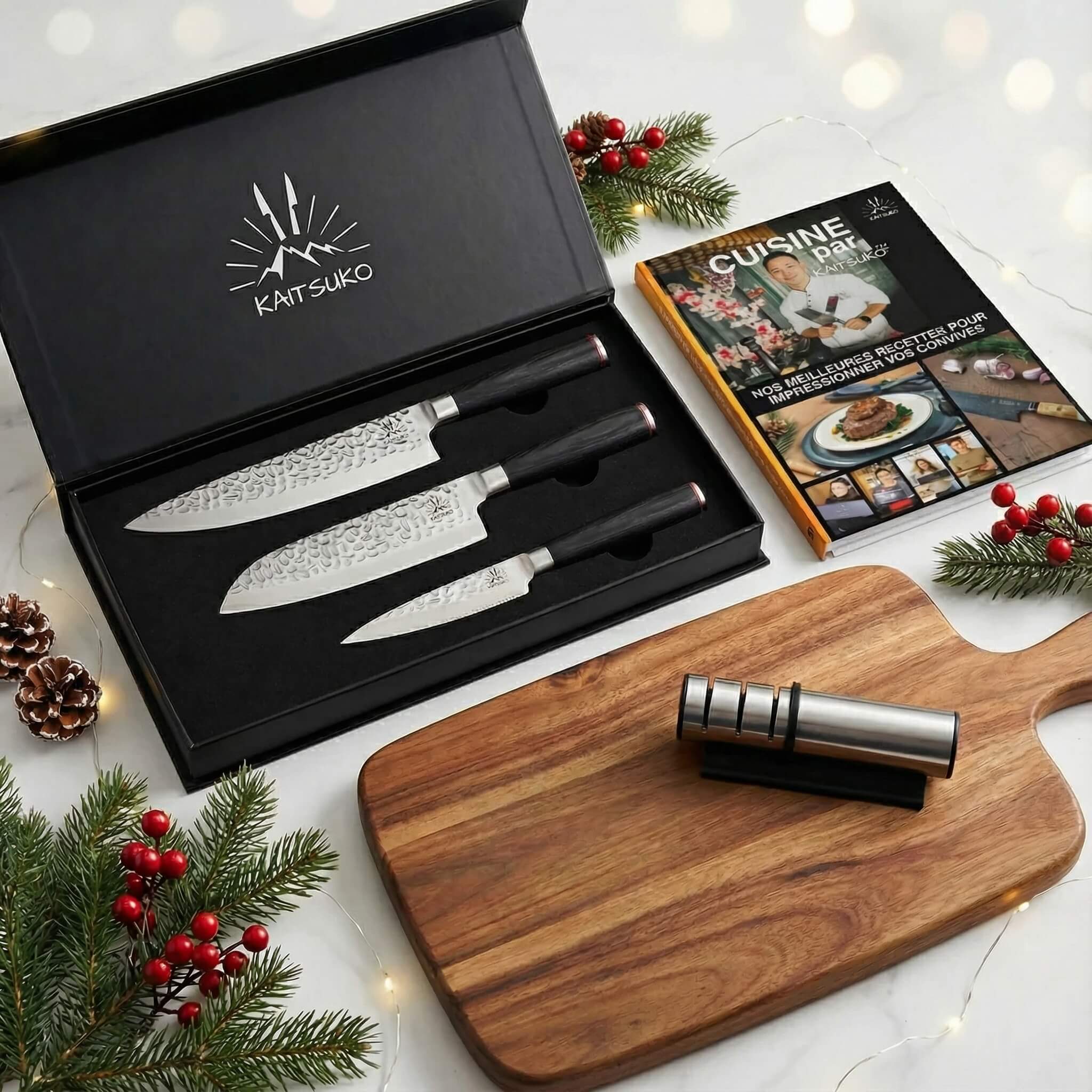 Chefköche-Set*** (3 japanische Kaito-Messer + 1 Profi-Schärfer + 1 Kaitsuko-Buch geschenkt)